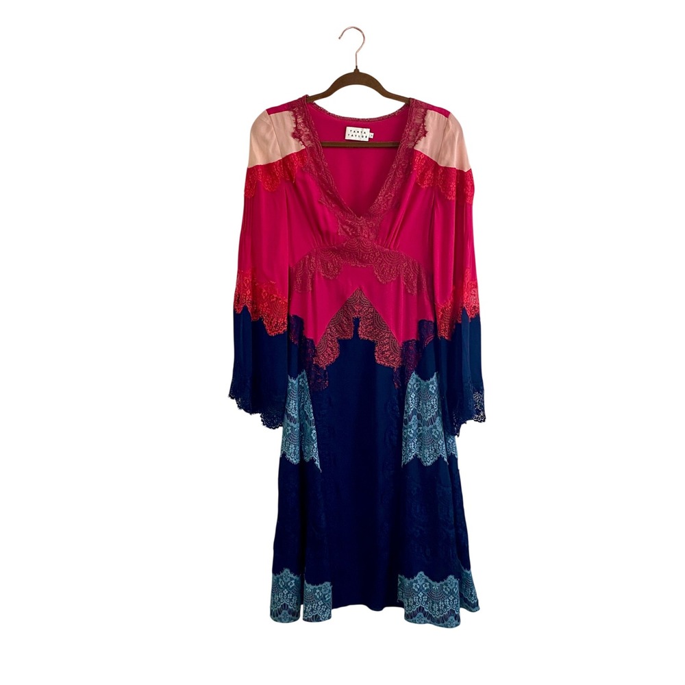 Tanya Taylor Silk Lace Colorblock Midi Dress Pink Navy Blue Luxury Size 0